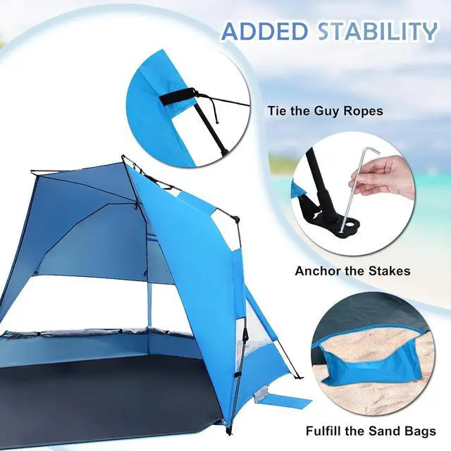 Alt view image 6 of 7 - Instant Beach Tent, Beach Canopy Sun Shade with Windows, 3-4 Person Pop up Tent with UPF50+ UV Protection, Easy Setup Cabana Shade, Light Blue