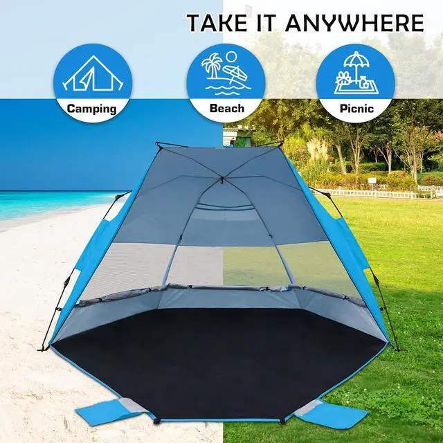 Alt view image 7 of 7 - Instant Beach Tent, Beach Canopy Sun Shade with Windows, 3-4 Person Pop up Tent with UPF50+ UV Protection, Easy Setup Cabana Shade, Light Blue