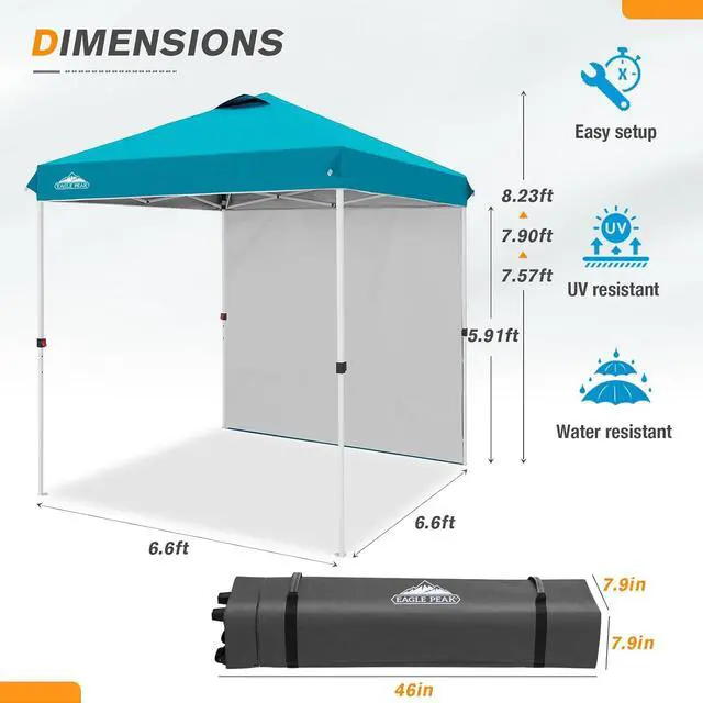 Alt view image 3 of 7 - Commercial Canopy 6.6x6.6 Pop Up Canopy Tent with 1 Sidewall, Easy Setup Heavy Duty Instant Event Shelter for Vendors & Markets, Outdoor Sun Shade, Turquoise