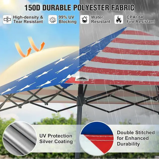 Alt view image 2 of 7 - 8x8 Pop Up Canopy Tent with Extended Eaves & Sidewall, Compact, Portable, Easy Setup Slant Leg Instant Shelter for Beach, Sports, & Camping, 8x8 Base 7x7 Top, American Flag