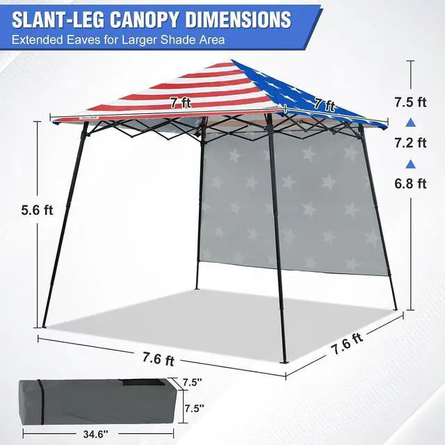 Alt view image 3 of 7 - 8x8 Pop Up Canopy Tent with Extended Eaves & Sidewall, Compact, Portable, Easy Setup Slant Leg Instant Shelter for Beach, Sports, & Camping, 8x8 Base 7x7 Top, American Flag