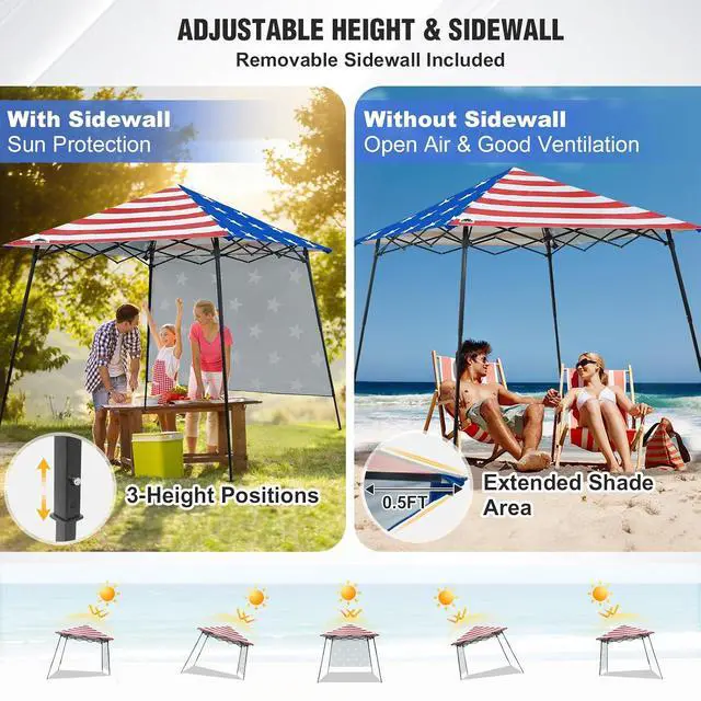 Alt view image 7 of 7 - 8x8 Pop Up Canopy Tent with Extended Eaves & Sidewall, Compact, Portable, Easy Setup Slant Leg Instant Shelter for Beach, Sports, & Camping, 8x8 Base 7x7 Top, American Flag