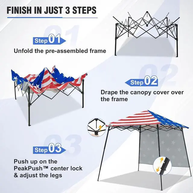 Alt view image 6 of 7 - 8x8 Pop Up Canopy Tent with Extended Eaves & Sidewall, Compact, Portable, Easy Setup Slant Leg Instant Shelter for Beach, Sports, & Camping, 8x8 Base 7x7 Top, American Flag