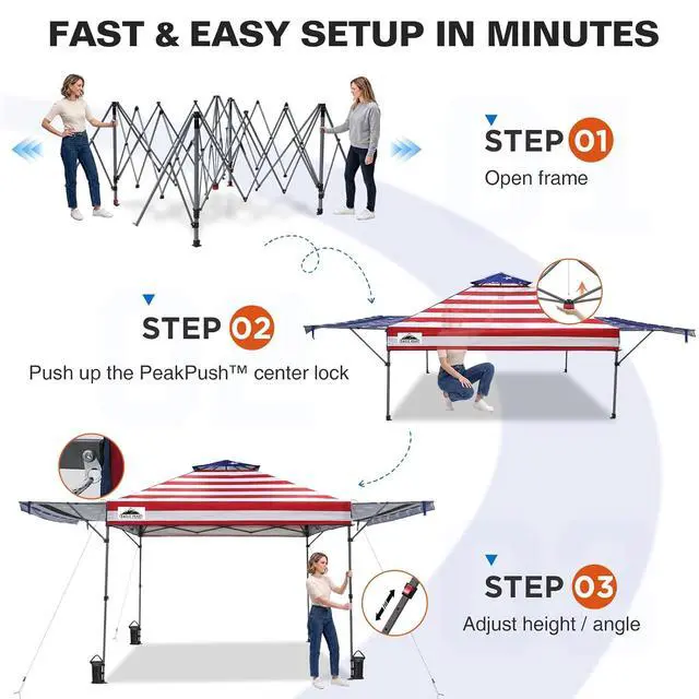 Alt view image 7 of 7 - 17x10 Pop up Gazebo Canopy Tent Outdoor Instant Canopy Shelter with Adjustable Dual Half Awnings (American Flag)