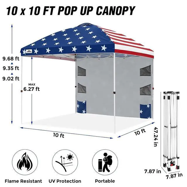 Alt view image 3 of 7 - Commercial Canopy 10x10 with Sidewall Storage, Easy OnePerson Setup Pop Up Canopy Tent with Roller Bag, Stakes, Ropes, and Weight Bags, American Flag
