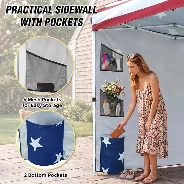 Alt view image 2 of 7 - Commercial Canopy 10x10 with Sidewall Storage, Easy OnePerson Setup Pop Up Canopy Tent with Roller Bag, Stakes, Ropes, and Weight Bags, American Flag