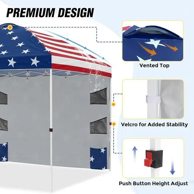 Alt view image 7 of 7 - Commercial Canopy 10x10 with Sidewall Storage, Easy OnePerson Setup Pop Up Canopy Tent with Roller Bag, Stakes, Ropes, and Weight Bags, American Flag
