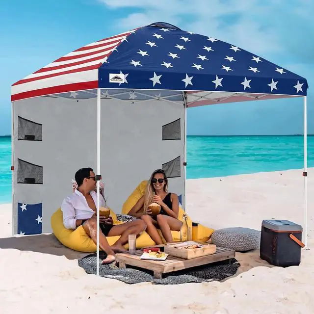 Alt view image 5 of 7 - Commercial Canopy 10x10 with Sidewall Storage, Easy OnePerson Setup Pop Up Canopy Tent with Roller Bag, Stakes, Ropes, and Weight Bags, American Flag