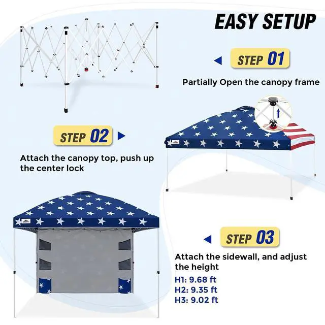 Alt view image 6 of 7 - Commercial Canopy 10x10 with Sidewall Storage, Easy OnePerson Setup Pop Up Canopy Tent with Roller Bag, Stakes, Ropes, and Weight Bags, American Flag