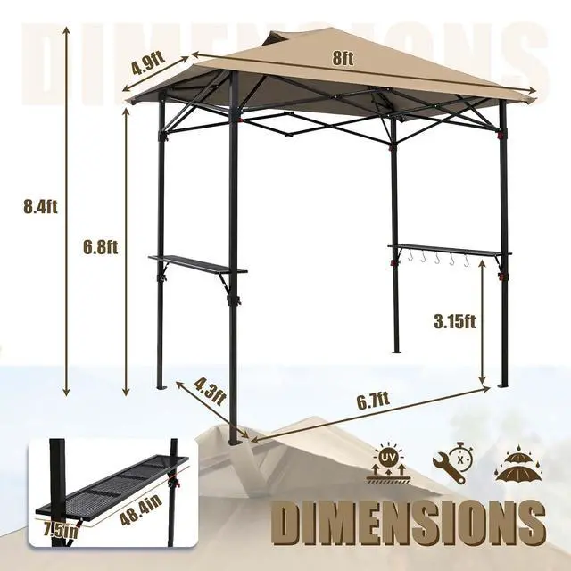 Alt view image 3 of 7 - 8x5 Pop up Grill Gazebo with Carry Bag, Instant Outdoor BBQ Canopy Tent with Air Vent for Barbeque, Picnic and Patio, Beige