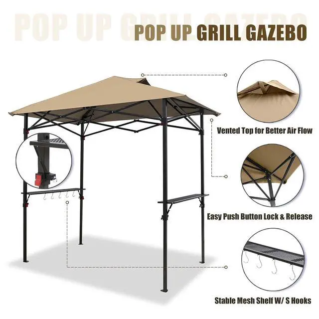Alt view image 2 of 7 - 8x5 Pop up Grill Gazebo with Carry Bag, Instant Outdoor BBQ Canopy Tent with Air Vent for Barbeque, Picnic and Patio, Beige