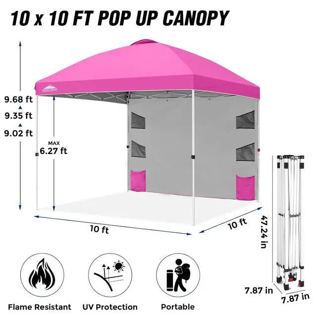 Alt view image 3 of 7 - Commercial Canopy 10x10 with Sidewall Storage, Easy OnePerson Setup Pop Up Canopy Tent with Roller Bag, Stakes, Ropes, and Weight Bags, Pink