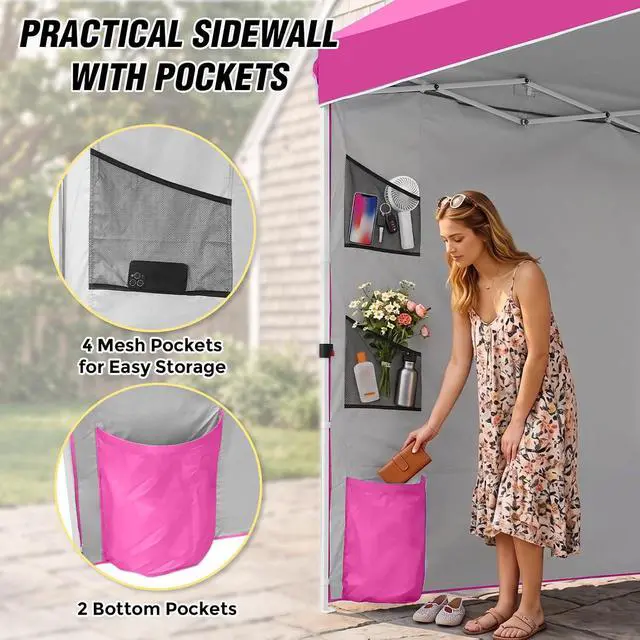 Alt view image 2 of 7 - Commercial Canopy 10x10 with Sidewall Storage, Easy OnePerson Setup Pop Up Canopy Tent with Roller Bag, Stakes, Ropes, and Weight Bags, Pink
