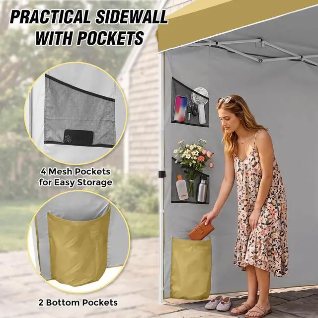 Alt view image 2 of 7 - Commercial Canopy 10x10 with Sidewall Storage, Easy OnePerson Setup Pop Up Canopy Tent with Roller Bag, Stakes, Ropes, and Weight Bags, Beige