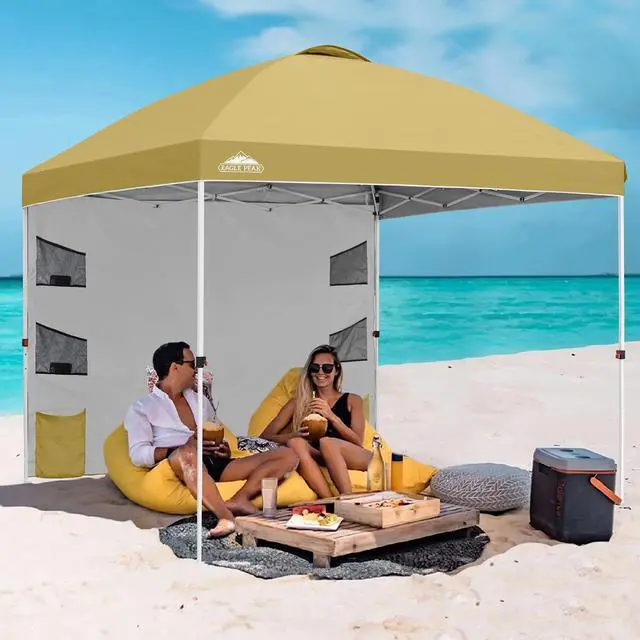 Alt view image 5 of 7 - Commercial Canopy 10x10 with Sidewall Storage, Easy OnePerson Setup Pop Up Canopy Tent with Roller Bag, Stakes, Ropes, and Weight Bags, Beige