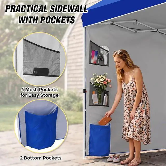 Alt view image 2 of 7 - Commercial Canopy 10x10 with Sidewall Storage, Easy OnePerson Setup Pop Up Canopy Tent with Roller Bag, Stakes, Ropes, and Weight Bags, Blue