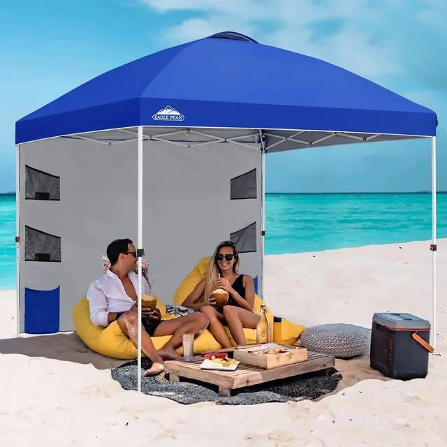 Alt view image 5 of 7 - Commercial Canopy 10x10 with Sidewall Storage, Easy OnePerson Setup Pop Up Canopy Tent with Roller Bag, Stakes, Ropes, and Weight Bags, Blue