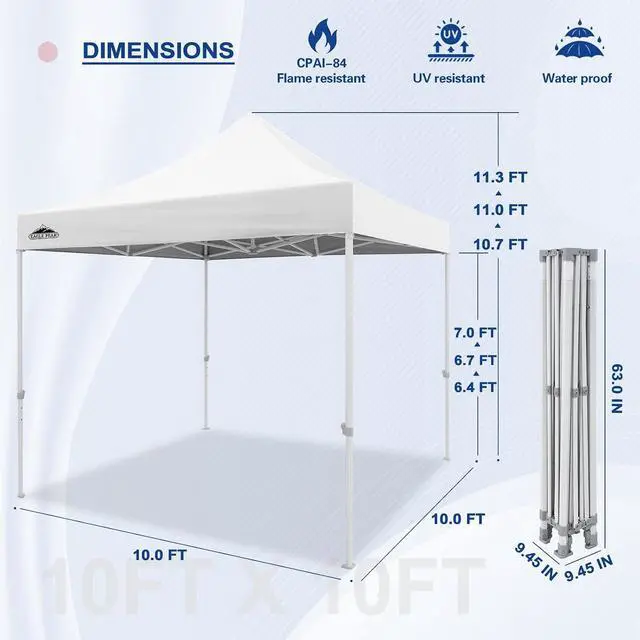 Alt view image 3 of 7 - 10x10 Heavy Duty Pop up Commercial Canopy Tent, Instant Marketplace Sun Shelter with Roller Bag and 4 Sandbags, White