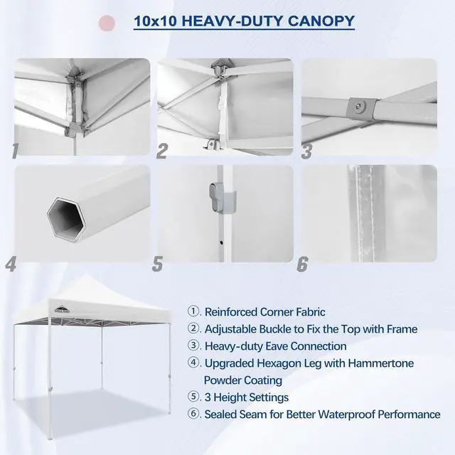 Alt view image 4 of 7 - 10x10 Heavy Duty Pop up Commercial Canopy Tent, Instant Marketplace Sun Shelter with Roller Bag and 4 Sandbags, White