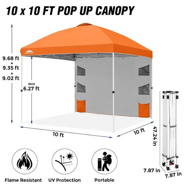 Alt view image 3 of 7 - Commercial Canopy 10x10 with Sidewall Storage, Easy OnePerson Setup Pop Up Canopy Tent with Roller Bag, Stakes, Ropes, and Weight Bags, Orange