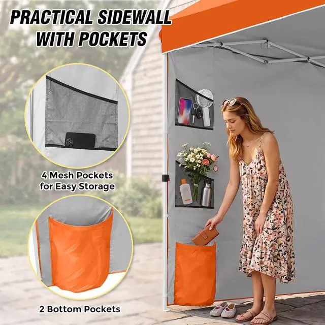 Alt view image 2 of 7 - Commercial Canopy 10x10 with Sidewall Storage, Easy OnePerson Setup Pop Up Canopy Tent with Roller Bag, Stakes, Ropes, and Weight Bags, Orange