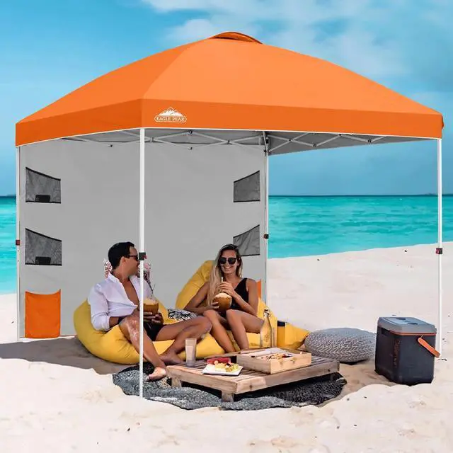Alt view image 5 of 7 - Commercial Canopy 10x10 with Sidewall Storage, Easy OnePerson Setup Pop Up Canopy Tent with Roller Bag, Stakes, Ropes, and Weight Bags, Orange