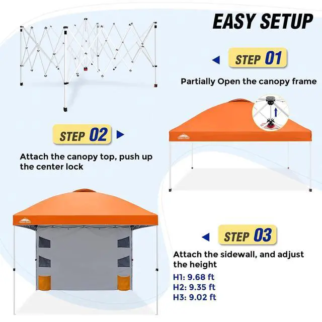Alt view image 6 of 7 - Commercial Canopy 10x10 with Sidewall Storage, Easy OnePerson Setup Pop Up Canopy Tent with Roller Bag, Stakes, Ropes, and Weight Bags, Orange