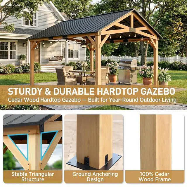 Alt view image 2 of 7 - 13x15 Hardtop Gazebo, Exposed Beam Rustic Gazebo, Galvanized Steel Gable Roof with Cedar Wood Frame, Outdoor Pavilion for Patio, Deck, Lawn and Garden Natural Wood/Black