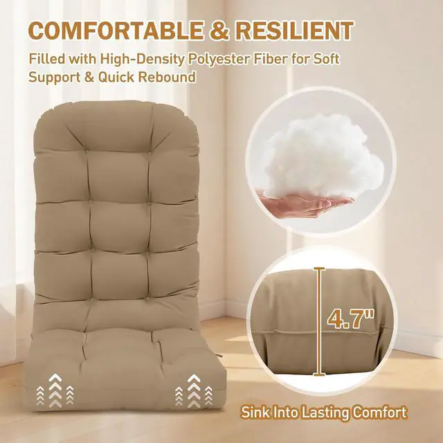 Alt view image 2 of 7 - High Back Adirondack Chair Cushions, 5" Thick Non Slip Tufted Cushion for Outdoor Patio Rocking Chairs, 49x20x5 in, 2 Pack, Khaki