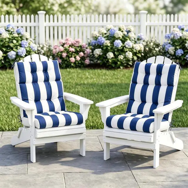 Alt view image 4 of 7 - Tufted Outdoor/Indoor High Back Patio Chair Cushions, 2 Pack, 46'' x 22'', Navy Blue/White