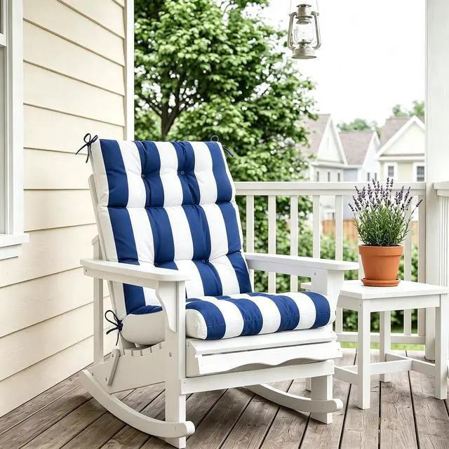 Alt view image 7 of 7 - Tufted Outdoor/Indoor High Back Patio Chair Cushions, 2 Pack, 46'' x 22'', Navy Blue/White