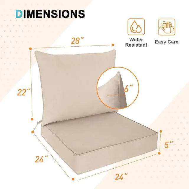 Alt view image 3 of 7 - Outdoor Deep Seat Patio Seat Cushion Set, 24 x 24 x 5 inch, 2-Piece Back Chair Cushion, 4 Pack, Beige