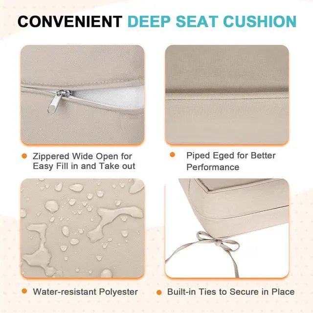 Alt view image 4 of 7 - Outdoor Deep Seat Patio Seat Cushion Set, 24 x 24 x 5 inch, 2-Piece Back Chair Cushion, 4 Pack, Beige