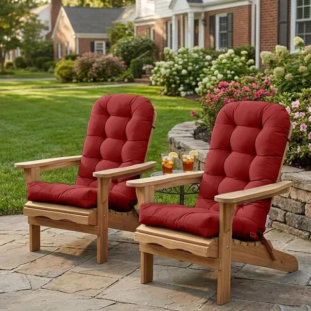 Alt view image 7 of 7 - High Back Adirondack Chair Cushions, 5" Thick Non Slip Tufted Cushion for Outdoor Patio Rocking Chairs, 49x20x5 in, 2 Pack, Red