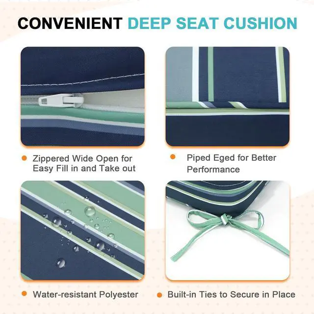 Alt view image 4 of 7 - Outdoor Deep Seat Patio Seat Cushion Set, 24 x 24 x 5 inch, 2-Piece Back Chair Cushion, 1 Pack, Seabrook Stripe