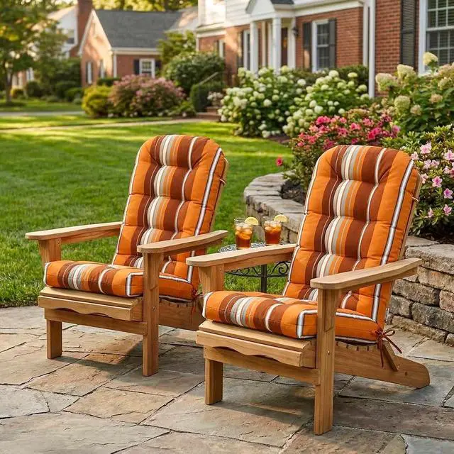 Alt view image 7 of 7 - High Back Adirondack Chair Cushions, 5" Thick Non Slip Tufted Cushion for Outdoor Patio Rocking Chairs, 49x20x5 in, 2 Pack, Red Stripes