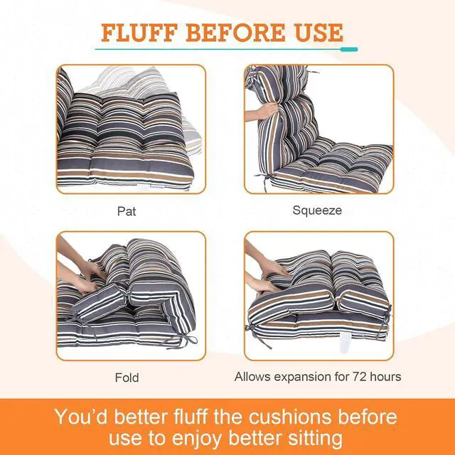 Alt view image 6 of 7 - Tufted Outdoor/Indoor High Back Patio Chair Cushions, 2 Pack, 46'' x 22'', Brown Stripe