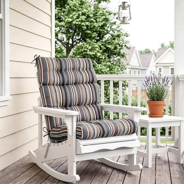 Alt view image 7 of 7 - Tufted Outdoor/Indoor High Back Patio Chair Cushions, 2 Pack, 46'' x 22'', Brown Stripe