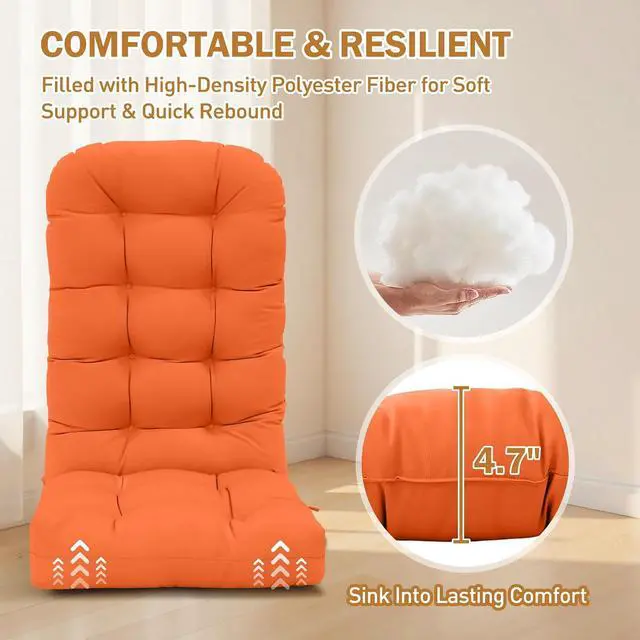 Alt view image 2 of 7 - High Back Adirondack Chair Cushions, 5" Thick Non Slip Tufted Cushion for Outdoor Patio Rocking Chairs, 49x20x5 in, 2 Pack, Orange