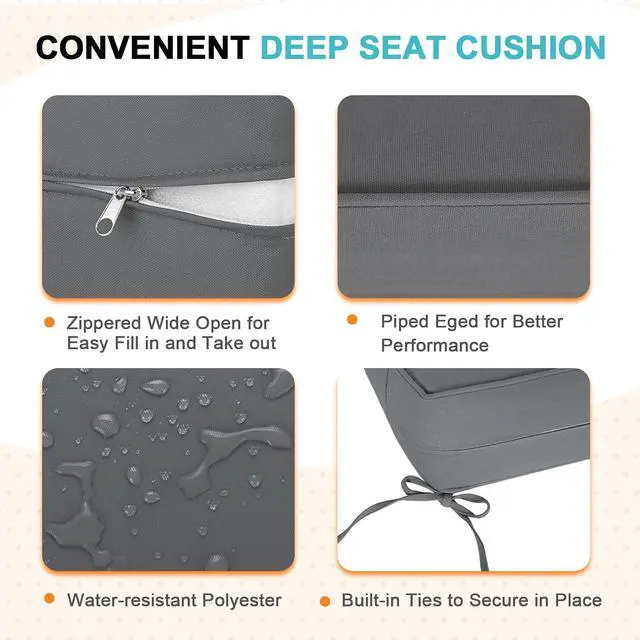 Alt view image 4 of 7 - Outdoor Deep Seat Patio Seat Cushion Set, 24 x 24 x 5 inch, 2-Piece Back Chair Cushion, 2 Pack, Gray