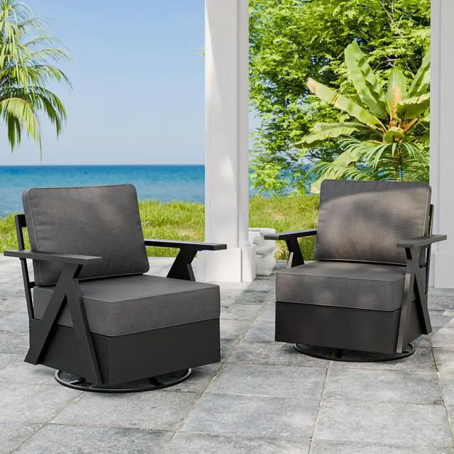 Main image of Urban Slate Modern Swivel Rocker Patio Chair Set of 2 Outdoor Lounge Chairs, Weather Resistant Cushions Rust Resistant Frame for Backyard Deck Porch, Black/Gray