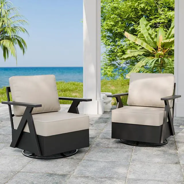 Main image of Urban Slate Modern Swivel Rocker Patio Chair Set of 2 Outdoor Lounge Chairs, Weather Resistant Cushions Rust Resistant Frame for Backyard Deck Porch, Black/Beige