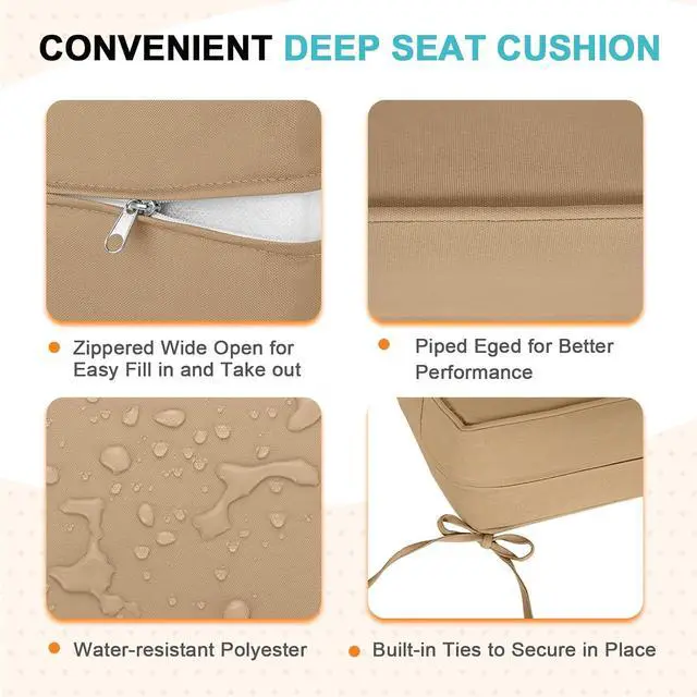 Alt view image 4 of 7 - Outdoor Deep Seat Patio Seat Cushion Set, 24 x 24 x 5 inch, 2-Piece Back Chair Cushion, 1 Pack, Khaki