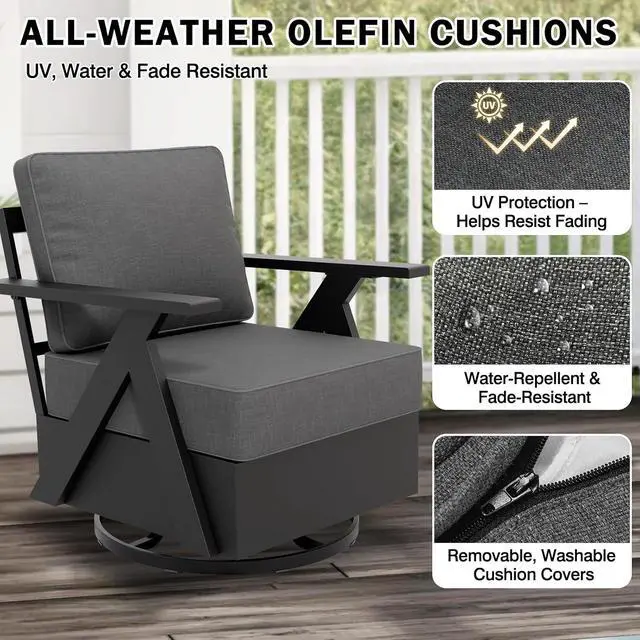 Alt view image 2 of 7 - Urban Slate Modern Swivel Rocker Patio Chair Set of 2 Outdoor Lounge Chairs, Weather Resistant Cushions Rust Resistant Frame for Backyard Deck Porch, Black/Gray