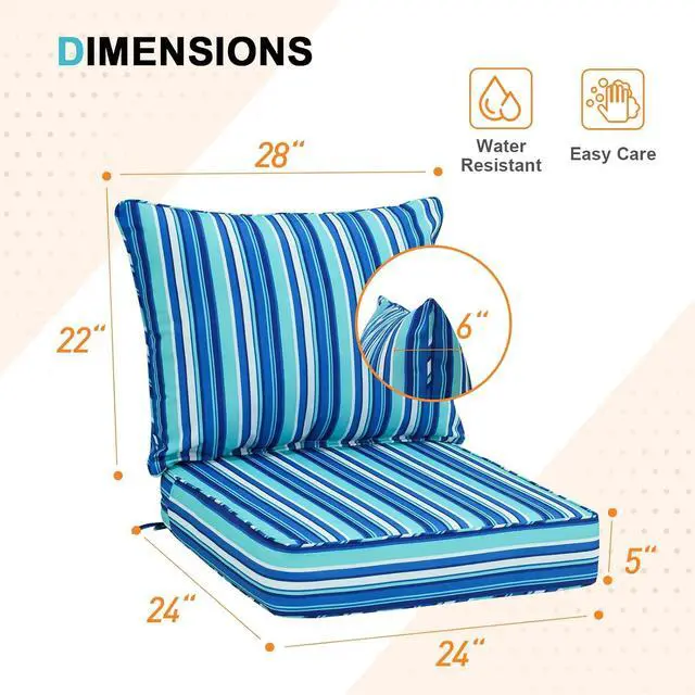 Alt view image 3 of 7 - Outdoor Deep Seat Patio Seat Cushion Set, 24 x 24 x 5 inch, 2-Piece Back Chair Cushion, 1 Pack, Blue Stripe