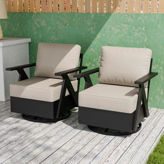 Alt view image 5 of 7 - Urban Slate Modern Swivel Rocker Patio Chair Set of 2 Outdoor Lounge Chairs, Weather Resistant Cushions Rust Resistant Frame for Backyard Deck Porch, Black/Beige