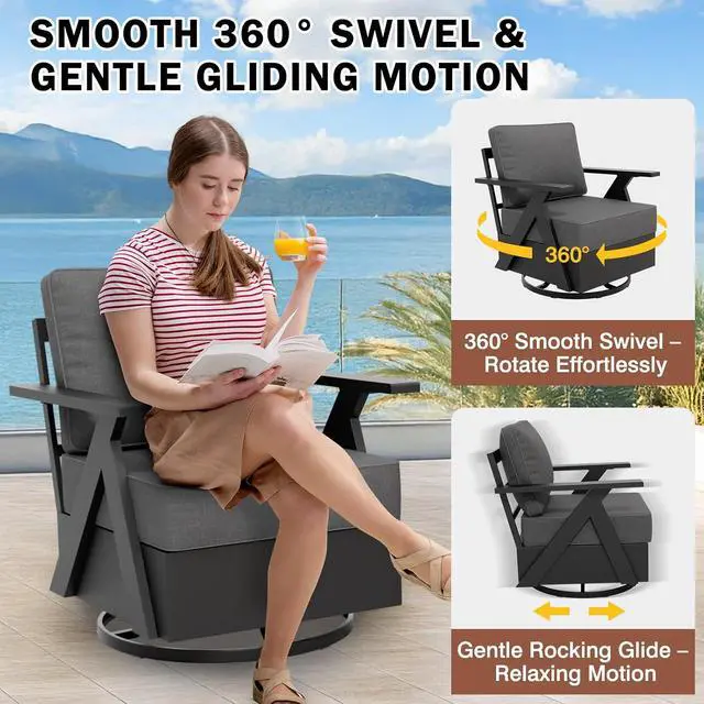 Alt view image 6 of 7 - Urban Slate Modern Swivel Rocker Patio Chair Set of 2 Outdoor Lounge Chairs, Weather Resistant Cushions Rust Resistant Frame for Backyard Deck Porch, Black/Gray