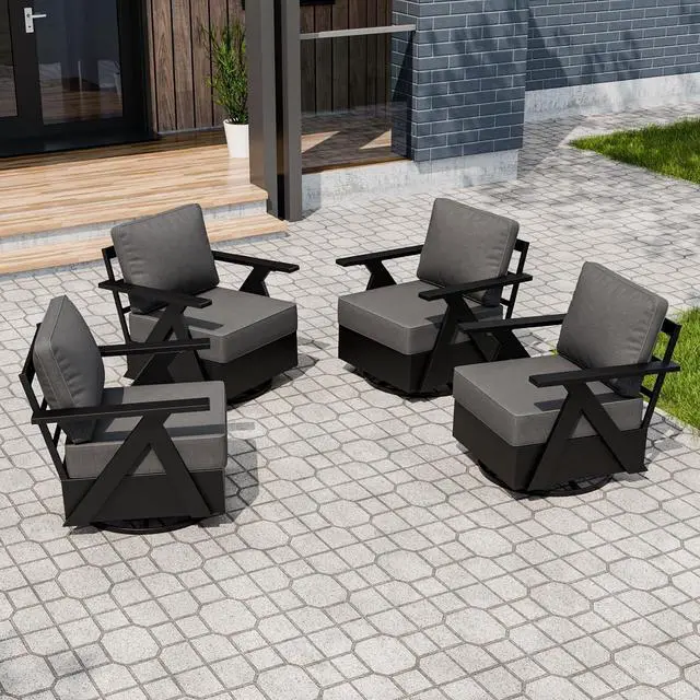 Main image of Urban Slate Modern Swivel Rocker Patio Chair Set of 4 Outdoor Lounge Chairs, Weather Resistant Cushions Rust Resistant Frame for Backyard Deck Porch, Black/Gray