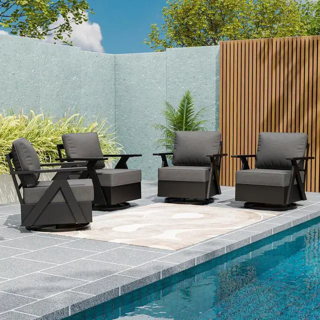 Alt view image 5 of 7 - Urban Slate Modern Swivel Rocker Patio Chair Set of 4 Outdoor Lounge Chairs, Weather Resistant Cushions Rust Resistant Frame for Backyard Deck Porch, Black/Gray