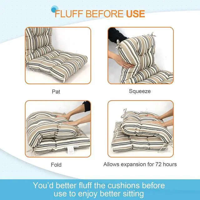 Alt view image 6 of 7 - Tufted Outdoor/Indoor Seat/Back Chair Cushions, 2 Pack, 42'' x 21'', Beige Stripe